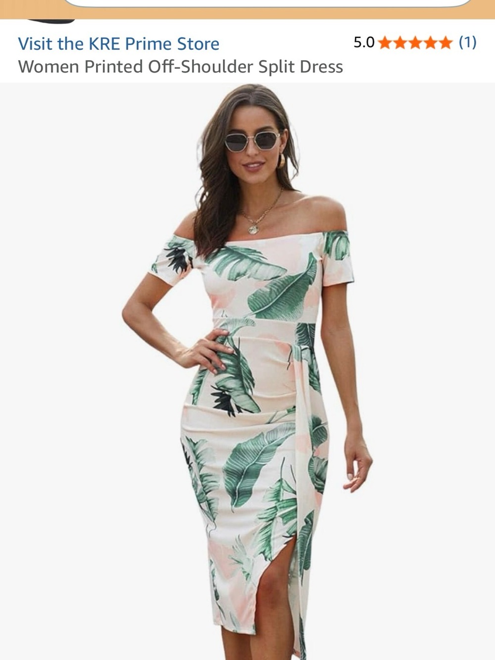 Off the Shoulder Tropical Leaf Midi Dress with Slit: White with Pink & Green